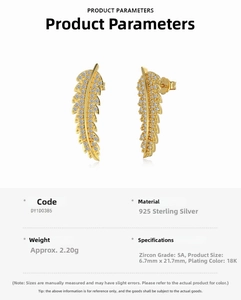 Detailed product specs of feather earrings in 925 silver with 5A grade zircon stones