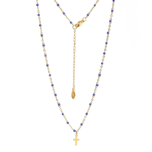 Detail of gold-plated stainless steel cross necklace with dark blue enamel beads