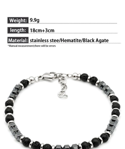 Detail view of lava stone and hematite beaded bracelet with 18cm length and steel clasp