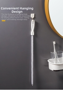 Drain cleaning brush with a long handle and hanging hole for bathroom storage