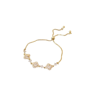 Gold plated clover bracelet with adjustable pull chain and sparkling cubic zirconia stones