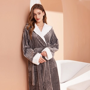 Plush grey flannel striped long hooded bathrobe with contrast fleece collar and waist belt