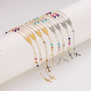 French style pearl rosary bracelets with colorful beads and cross pendants in gold and silver