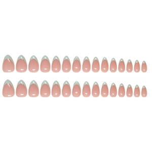 Set of 28 almond shaped press-on nails with mint green and white French tip design
