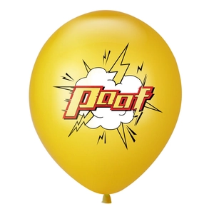 Close-up of a yellow latex party balloon with comic style Poof text and explosive cloud