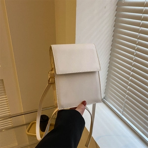Minimalist white PU leather rectangular crossbody phone bag with gold buckle detail