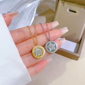 Minimalist gold and silver titanium steel necklaces with iced-out star round pendants