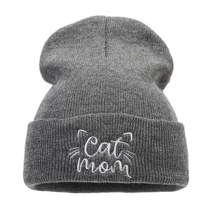 Dark grey Cat Mom embroidered knit beanie hat with cat ears and ribbed texture for winter