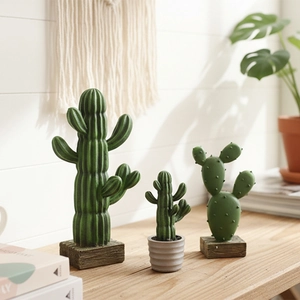 Nordic style resin cactus decor set of three on a wooden desk with a natural home vibe