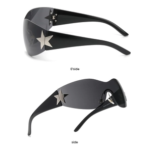 Detail of Y2K sunglasses with silver star decoration on black temples and grey lenses