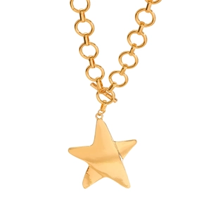 Close-up of golden star pendant with toggle clasp on a delicate metal ring chain