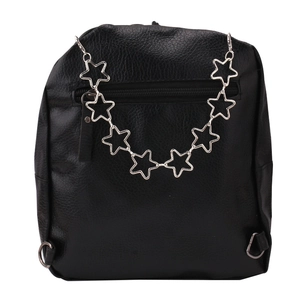 Detailed view of silver star-shaped metal chain on black textured leather backpack