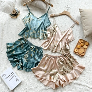 Women Satin Pajamas Camisole Top And Ruffle Shorts Floral Print Sleeveless V-Neck Sleepwear Summer Loungewear