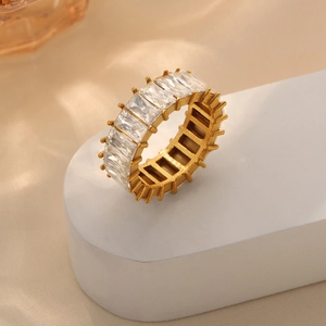Luxury gold plated titanium steel ring with emerald-cut cubic zirconia in pavé setting
