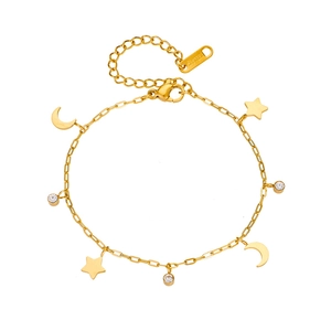 Gold stainless steel chain bracelet with celestial star and moon charms and zircon stones