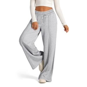 Detailed view of women's light grey high-waisted wide-leg trousers with drawstring waist