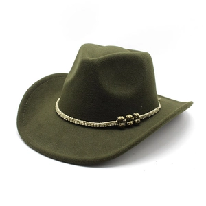 Olive green felt western cowboy hat with woven rope and vintage brass bead accents