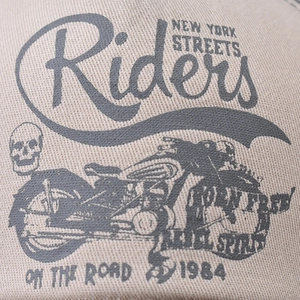 Retro washed baseball cap with vintage motorcycle print on cream-colored twill fabric