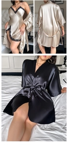 Detail view of satin robe and lace V-neck nightgown with silky finish in champagne gold