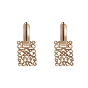 Elegant rose gold hoop earrings with ornate hollow rectangular pendants on white background