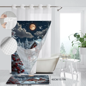 Detailed Christmas night scene bath curtain and matching rug with 40x60cm dimensions