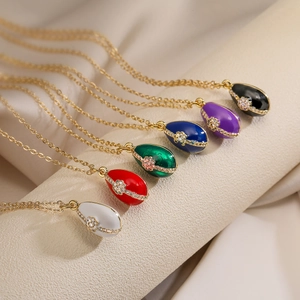 Collana Pendente Uovo Rame Placcato Oro Zircone Smalto Colorato Vintage Olio Goccia Gioielli Eleganti Donne Regalo Accessori