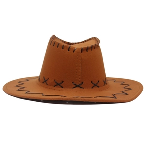 Detail of brown suede cowboy hat with black X-pattern stitching along the brim and crown