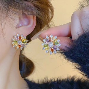 Elegant gold-plated flower stud earrings with colorful cubic zirconia crystals