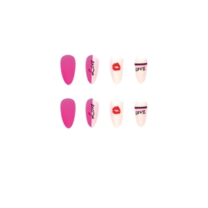 Matte almond press-on nails with fluorescent pink, love letters, and red lip kiss patterns