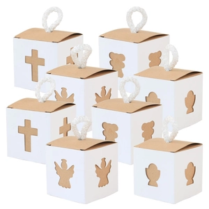 Vintage Kraft Paper Favor Boxes Hollow Angel Bear Cross Chalice Designs With Cotton Rope Handles Wedding Baptism Party Candy Packaging