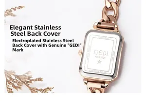 Detailed close-up of GEDI YH-21026 watch back featuring polished rose gold stainless steel
