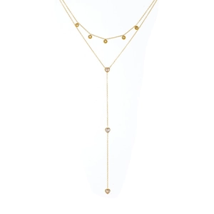 Double-layered gold-plated stainless steel necklace with heart charms and sparkling crystals