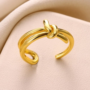 Polished gold double-layer knotted open ring with a minimalist geometric water drop design