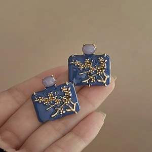 Square Blue Enamel Plum Blossom Stud Earrings With Silver Earring Post New Chinese Style Retro Elegant Jewelry For Women