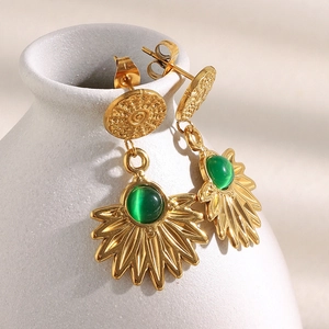 18K gold plated stainless steel sunburst earrings with vintage green agate gemstone