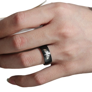 Gothic Dark Knight stainless steel ring with silver bat wing etching worn on finger