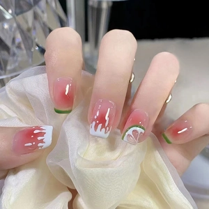 Summer Fruit Theme Press On Nails Pink Green Gradient Glossy ABS Dripping Liquid Effect Sweet Style Artificial Nails