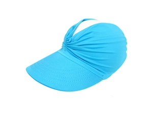 Detail of blue sun visor with cross-knot fabric design and wide reinforced brim