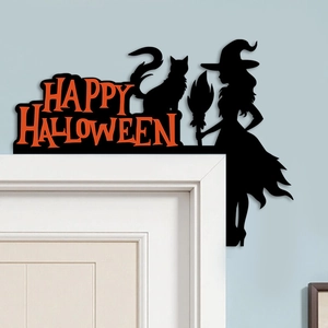Halloween black witch and cat wooden door corner sign with Happy Halloween orange text