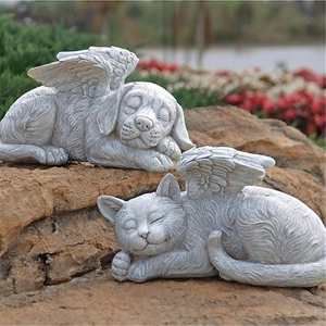 Statues de jardin chat et chien ange endormis en résine avec finition texture pierre
