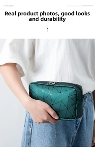 Detail of dark green geometric makeup bag with dual zippers and silver triangle patterns