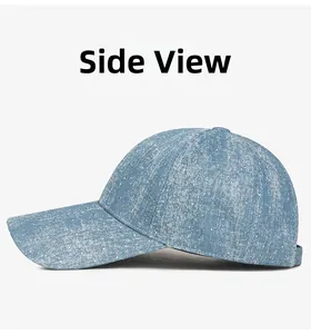 Side view of blue denim baseball cap featuring vintage tie-dye snowflake wash and rhinestones