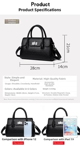 Dimensions détaillées du sac à main noir gaufré avec poignée tressée et capacité interne
