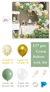 Detailed set of 137 green and gold balloons for party arch decoration with accessories