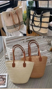 Variety of woven tote bags with leather straps in beige and brown shown in lifestyle settings