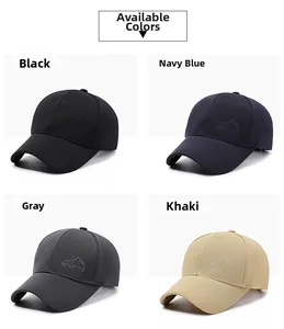 Detail view of cotton baseball caps in black, navy, grey, and khaki with sports embroidery