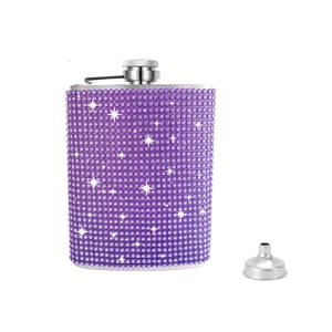 Sparkling purple rhinestone stainless steel hip flask with funnel for outdoor travel