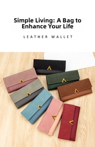 Detail of multi-color long PU leather wallets with elegant gold V-shaped metal hardware