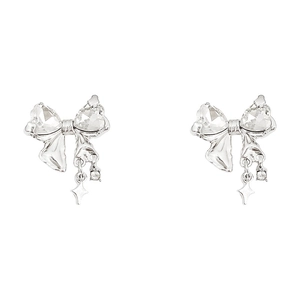 Silver bow stud earrings with sparkling zircon stones and hanging star pendants