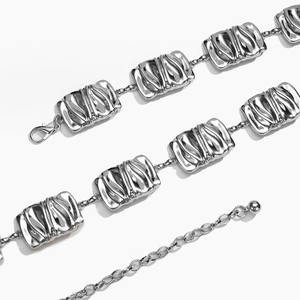 Elegant silver metal waist chain belt with rectangular pleated texture for women dresses
